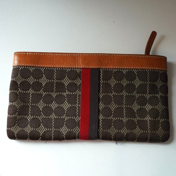 Kate Spade Wristlet Leather Trimmed Printed Tile Weaved Fabric Brown Tan - Picture 3 of 7